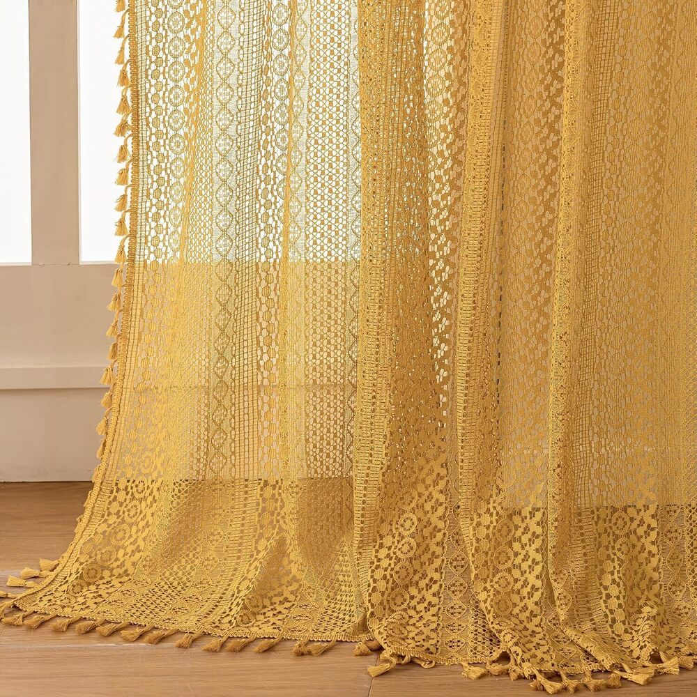 Boho Lace Curtains 84 Inches 2 Panel,Light Filtering Privacy Tassel & - Picture 7 of 8